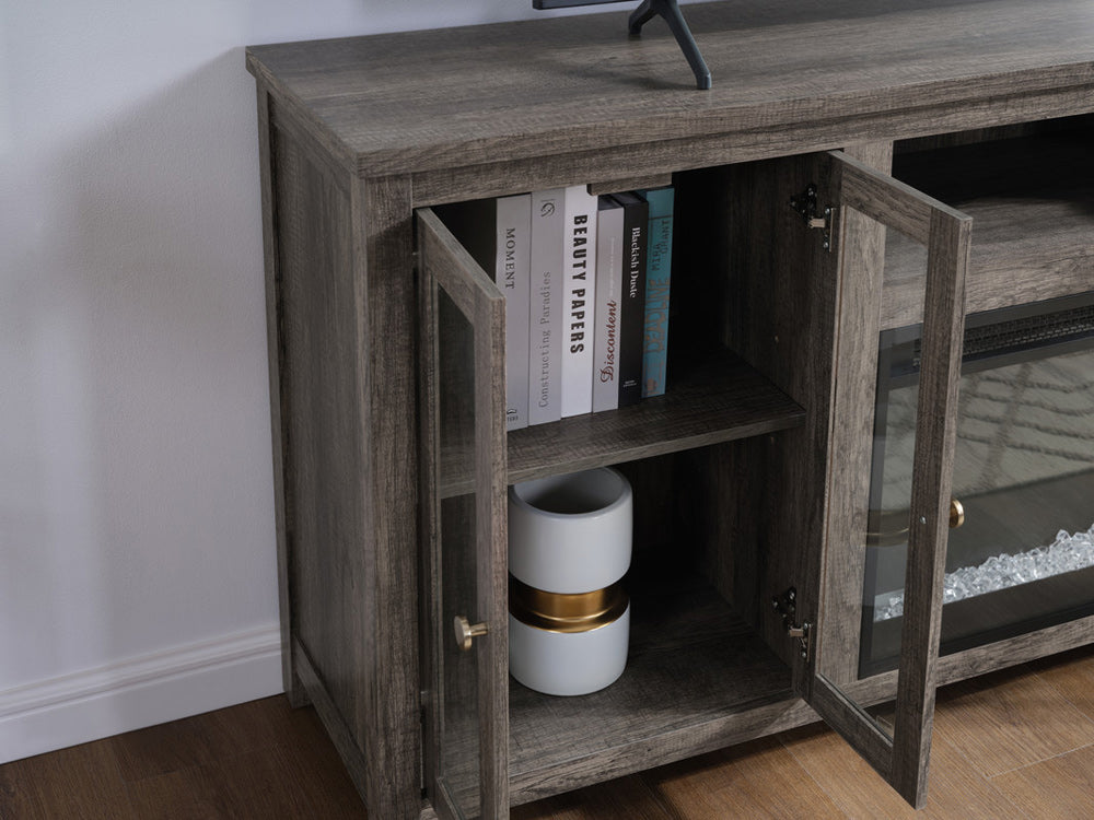 Lilola Home - Ellington 70"W Gray Walnut Finish Fireplace TV Stand Console with Heater, LED Light, Cabinets, Shelves - 97040