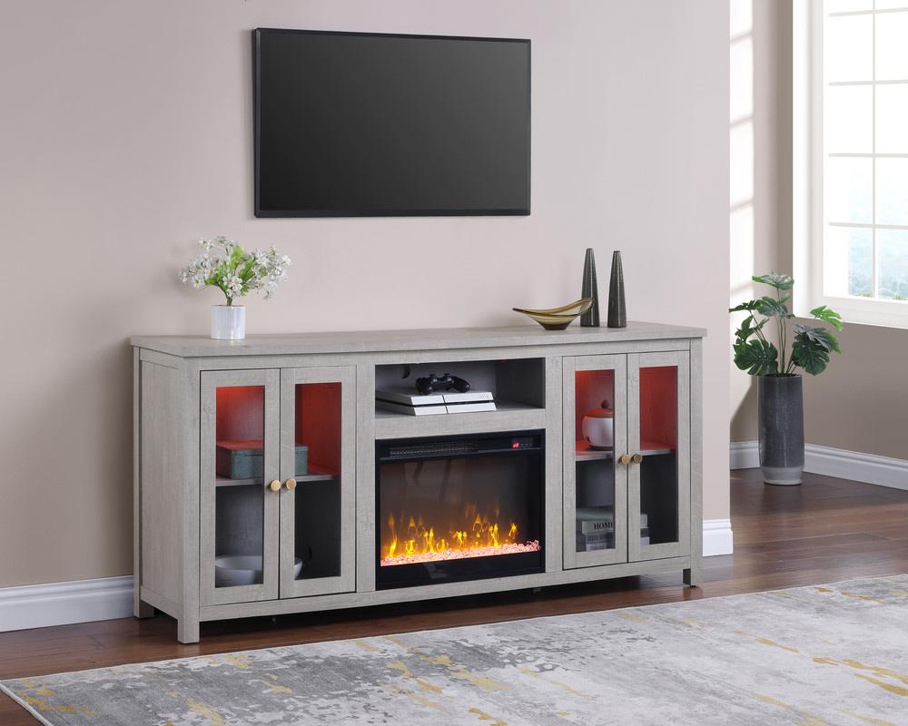 Lilola Home - Ellington 70inW White Walnut Finish Fireplace TV Stand Console with LED Light, Cabinets, Shelves - 97036 veiw 3