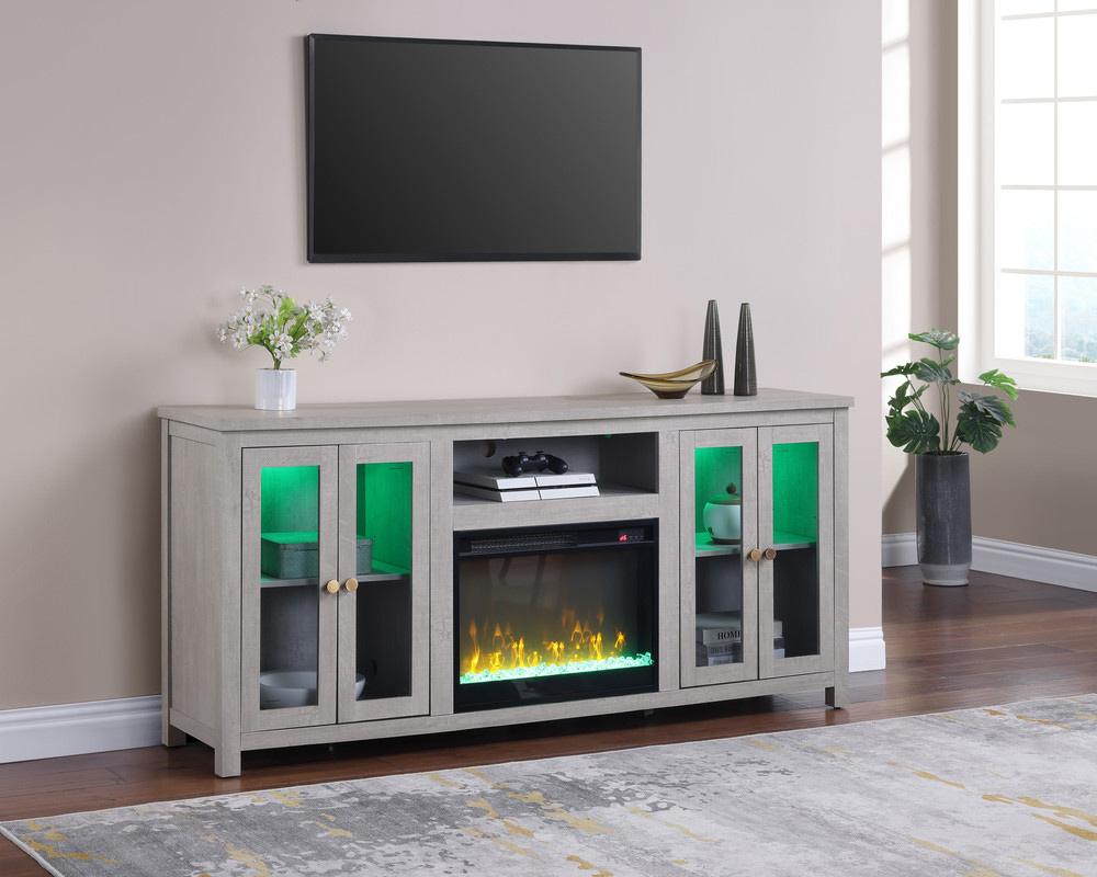 Lilola Home - Ellington 70inW White Walnut Finish Fireplace TV Stand Console with LED Light, Cabinets, Shelves - 97036 veiw 4