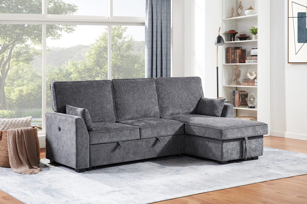 Lilola Home - Emmy 89"W Dark Gray Fabric Sleeper Sectional Sofa with Reversible Storage Chaise, USB & USB-C Charging Ports, Cupholders, Pillows - A87717