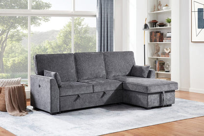 Lilola Home - Emmy 89"W Dark Gray Fabric Sleeper Sectional Sofa with Reversible Storage Chaise, USB & USB-C Charging Ports, Cupholders, Pillows - A87717