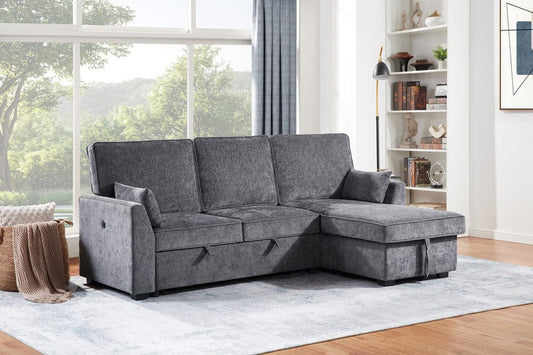 Lilola Home - Emmy 89"W Dark Gray Fabric Sleeper Sectional Sofa with Reversible Storage Chaise, USB & USB-C Charging Ports, Cupholders, Pillows - A87717