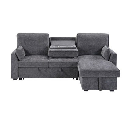 Lilola Home - Emmy 89"W Dark Gray Fabric Sleeper Sectional Sofa with Reversible Storage Chaise, USB & USB-C Charging Ports, Cupholders, Pillows - A87717