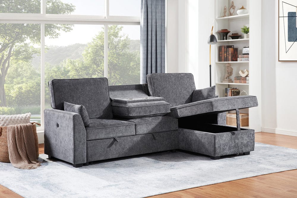 Lilola Home - Emmy 89"W Dark Gray Fabric Sleeper Sectional Sofa with Reversible Storage Chaise, USB & USB-C Charging Ports, Cupholders, Pillows - A87717