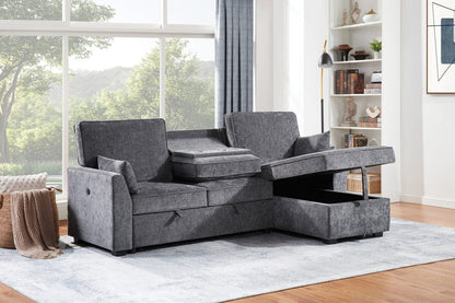 Lilola Home - Emmy 89"W Dark Gray Fabric Sleeper Sectional Sofa with Reversible Storage Chaise, USB & USB-C Charging Ports, Cupholders, Pillows - A87717