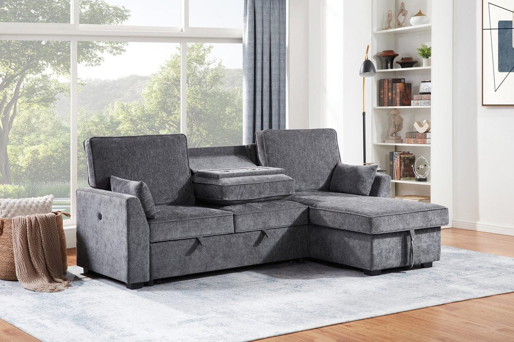 Lilola Home - Emmy 89"W Dark Gray Fabric Sleeper Sectional Sofa with Reversible Storage Chaise, USB & USB-C Charging Ports, Cupholders, Pillows - A87717