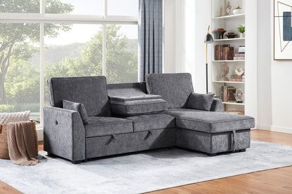 Lilola Home - Emmy 89"W Dark Gray Fabric Sleeper Sectional Sofa with Reversible Storage Chaise, USB & USB-C Charging Ports, Cupholders, Pillows - A87717