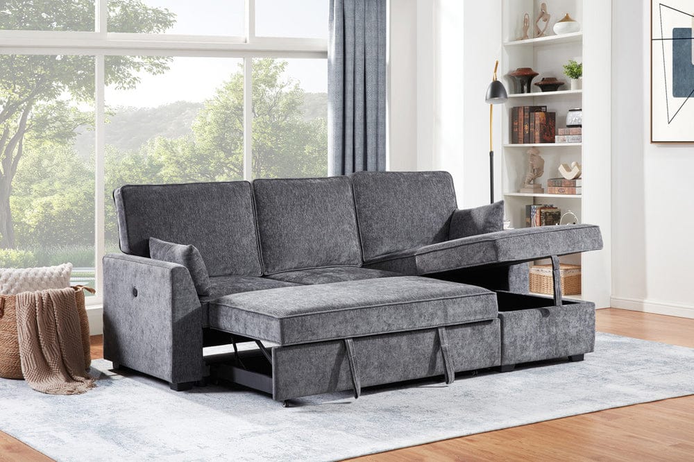 Lilola Home - Emmy 89"W Dark Gray Fabric Sleeper Sectional Sofa with Reversible Storage Chaise, USB & USB-C Charging Ports, Cupholders, Pillows - A87717
