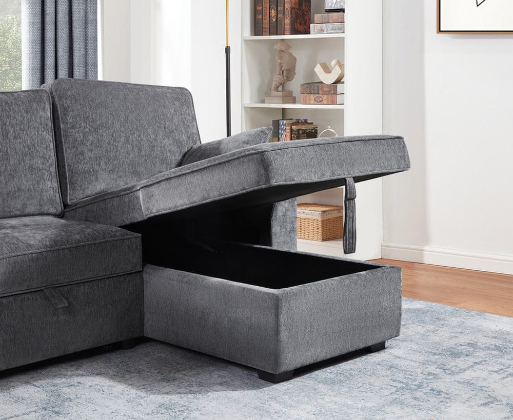 Lilola Home - Emmy 89"W Dark Gray Fabric Sleeper Sectional Sofa with Reversible Storage Chaise, USB & USB-C Charging Ports, Cupholders, Pillows - A87717