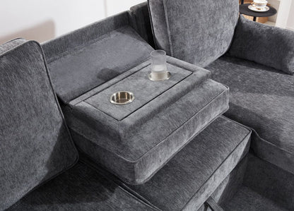 Lilola Home - Emmy 89"W Dark Gray Fabric Sleeper Sectional Sofa with Reversible Storage Chaise, USB & USB-C Charging Ports, Cupholders, Pillows - A87717