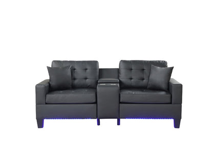 Lilola Home - Genesis 85inW Black PVC Fabric Sofa with LED Lights, USB Charger, Storage Console, Cupholders, Tufted Cushions-84513-1 veiw 2