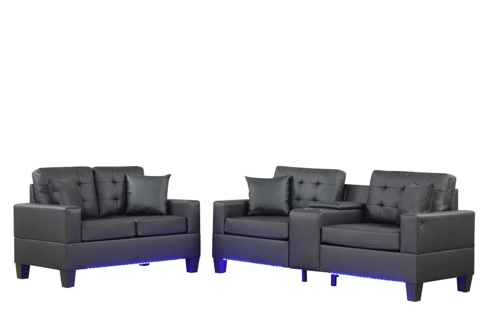 Lilola Home - Genesis Black PVC Fabric Sofa Loveseat Living Room Set with LED Lights, USB Charger, Storage Console, Cupholders, Tufted Cushions-84513-2 veiw 1