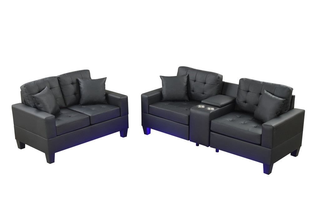 Lilola Home - Genesis Black PVC Fabric Sofa Loveseat Living Room Set with LED Lights, USB Charger, Storage Console, Cupholders, Tufted Cushions-84513-2 veiw 2