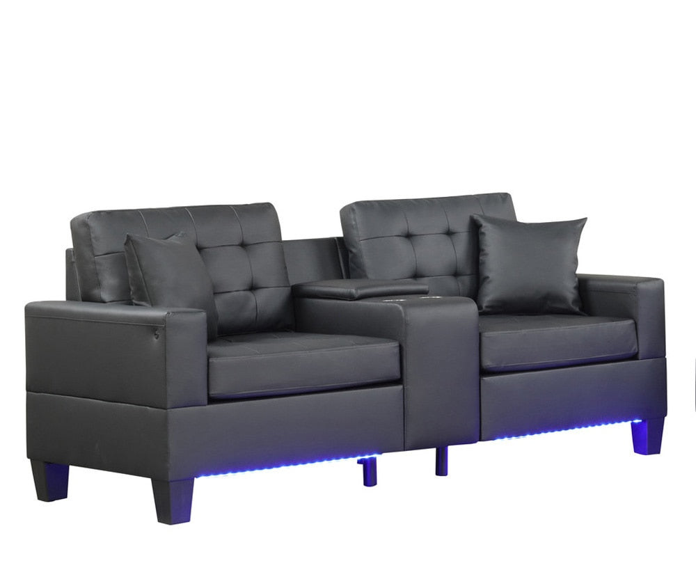 Lilola Home - Genesis Black PVC Fabric Sofa Loveseat Living Room Set with LED Lights, USB Charger, Storage Console, Cupholders, Tufted Cushions-84513-2 veiw 3