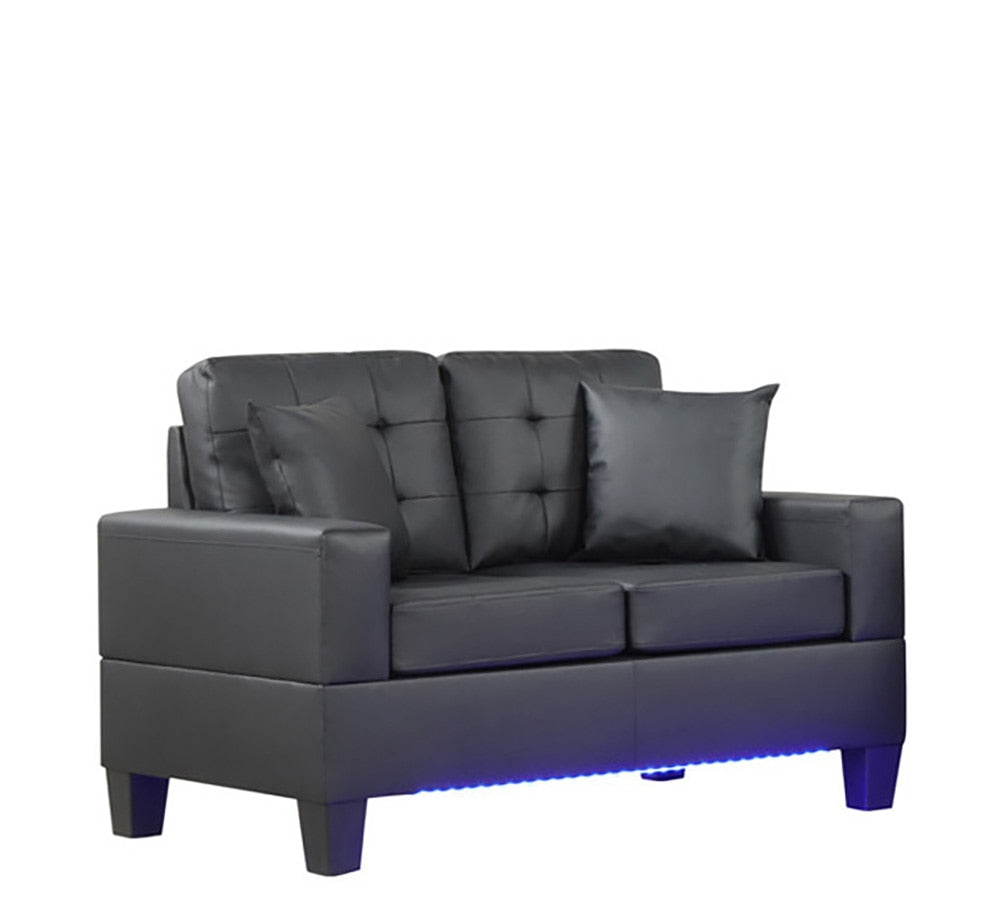 Lilola Home - Genesis Black PVC Fabric Sofa Loveseat Living Room Set with LED Lights, USB Charger, Storage Console, Cupholders, Tufted Cushions-84513-2 veiw 4