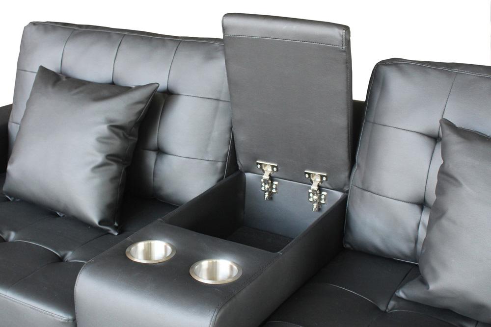 Lilola Home - Genesis Black PVC Fabric Sofa Loveseat Living Room Set with LED Lights, USB Charger, Storage Console, Cupholders, Tufted Cushions-84513-2 veiw 6