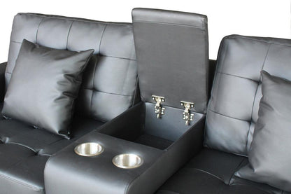 Lilola Home - Genesis Black PVC Fabric Sofa Loveseat Living Room Set with LED Lights, USB Charger, Storage Console, Cupholders, Tufted Cushions-84513-2 veiw 6