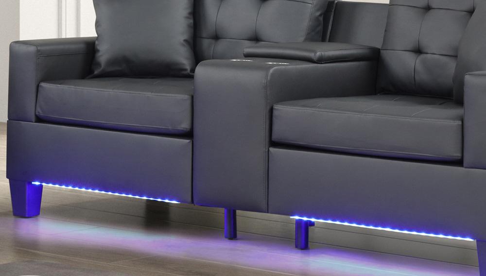 Lilola Home - Genesis Black PVC Fabric Sofa Loveseat Living Room Set with LED Lights, USB Charger, Storage Console, Cupholders, Tufted Cushions-84513-2 veiw 10