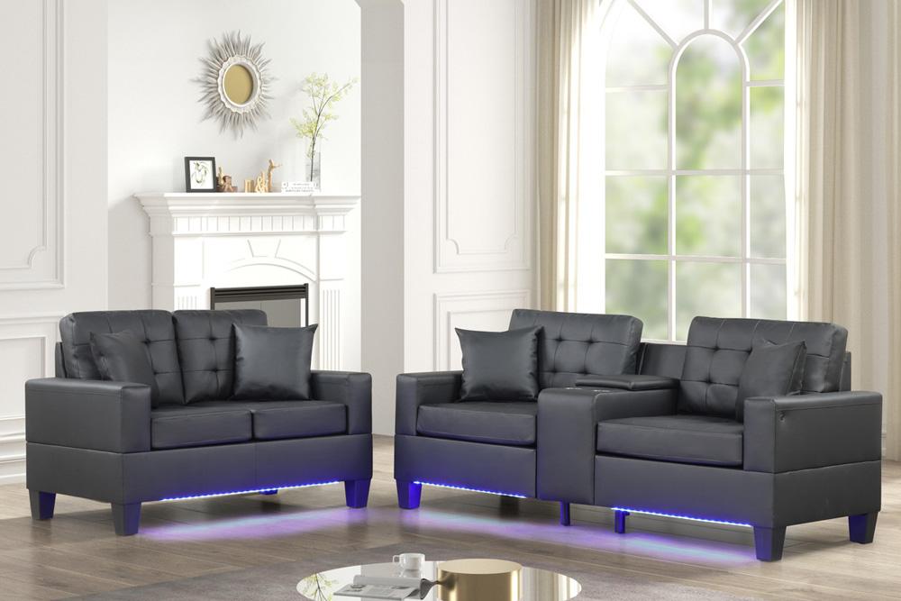 Lilola Home - Genesis Black PVC Fabric Sofa Loveseat Living Room Set with LED Lights, USB Charger, Storage Console, Cupholders, Tufted Cushions-84513-2 veiw 12