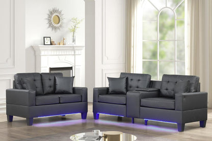 Lilola Home - Genesis Black PVC Fabric Sofa Loveseat Living Room Set with LED Lights, USB Charger, Storage Console, Cupholders, Tufted Cushions-84513-2 veiw 12