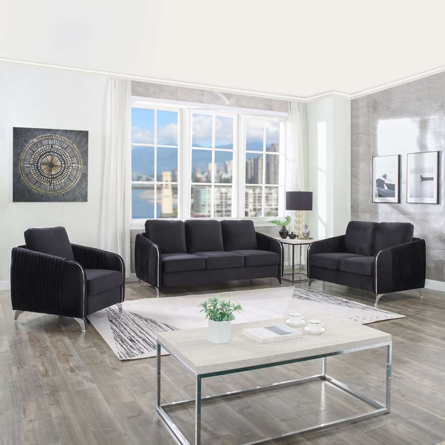 Lilola Home - Hathaway Black Velvet Fabric Sofa Loveseat Chair Living Room Set - 89726 veiw 2