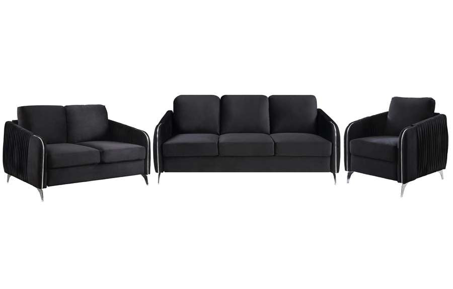 Lilola Home - Hathaway Black Velvet Fabric Sofa Loveseat Chair Living Room Set - 89726 veiw 3