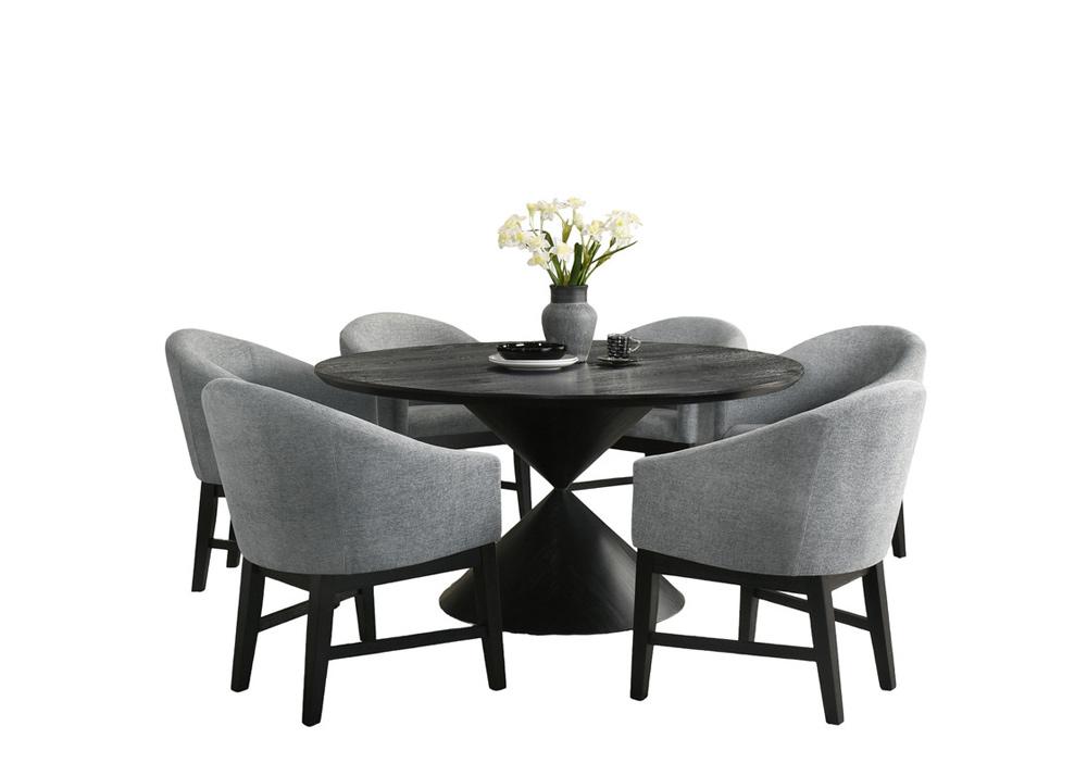 Lilola Home - Haven 7Pc 59in Round Ebony Black Pedestal Dining Set with Hourglass Table Base and Gray Barrel Chairs - 30055-1 veiw 1