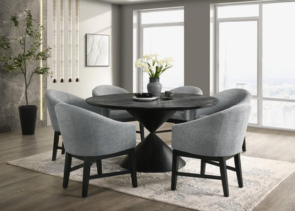 Lilola Home - Haven 7Pc 59in Round Ebony Black Pedestal Dining Set with Hourglass Table Base and Gray Barrel Chairs - 30055-1 veiw 2