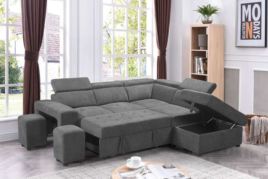 Lilola Home - Henrik Light Gray Sleeper Sectional Sofa with Storage Ottoman and 2 Stools - 89135 veiw 2