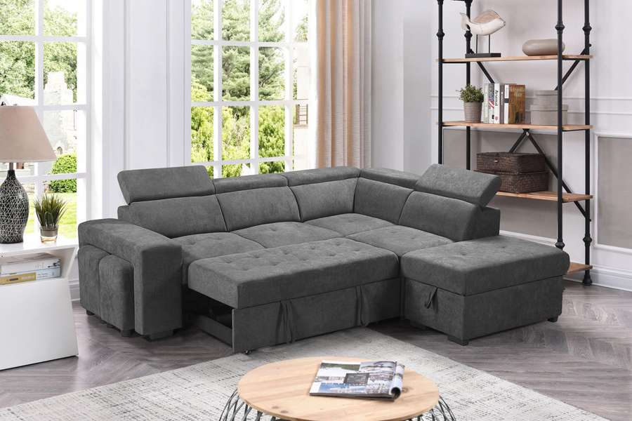 Lilola Home - Henrik Light Gray Sleeper Sectional Sofa with Storage Ottoman and 2 Stools - 89135 veiw 4