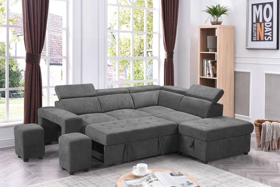 Lilola Home - Henrik Light Gray Sleeper Sectional Sofa with Storage Ottoman and 2 Stools - 89135 veiw 5