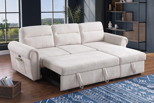 Lilola Home - Hugo 97inW Beige Chenille Reversible Sleeper Sectional Sofa Chaise with USB Charger - 89112CWH veiw 2