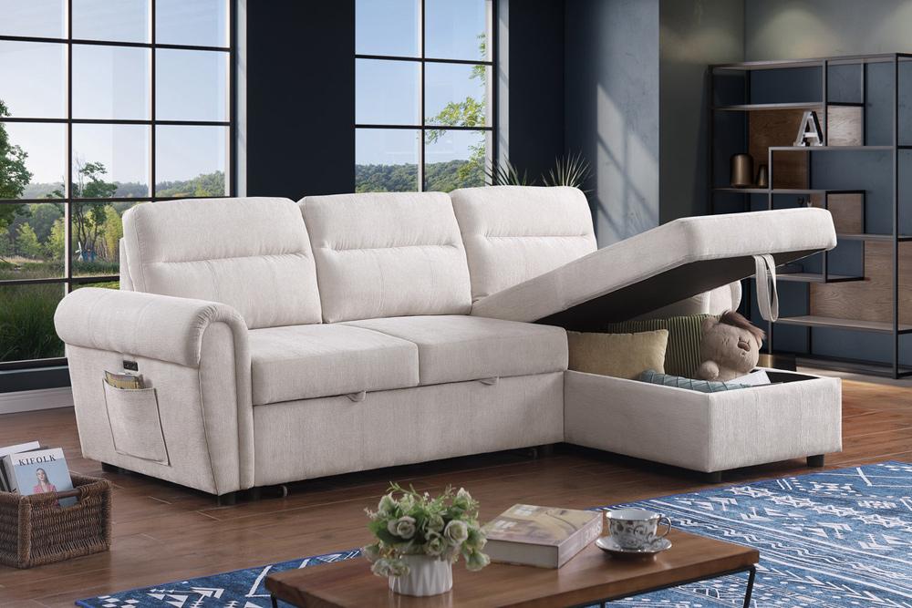 Lilola Home - Hugo 97inW Beige Chenille Reversible Sleeper Sectional Sofa Chaise with USB Charger - 89112CWH veiw 3