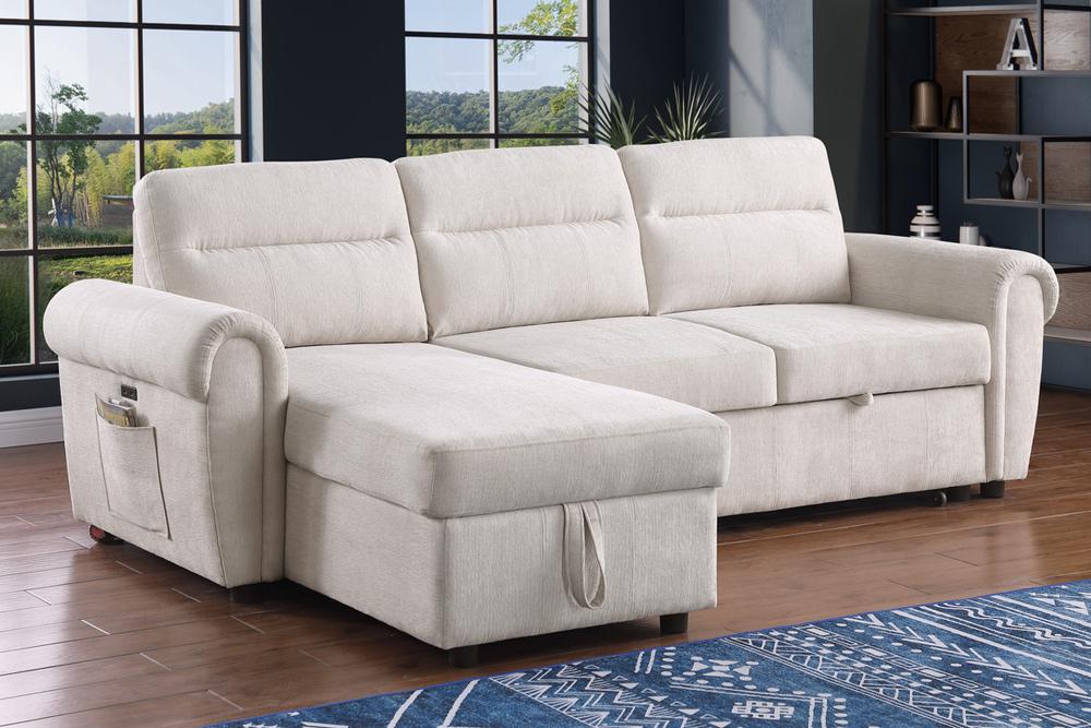 Lilola Home - Hugo 97inW Beige Chenille Reversible Sleeper Sectional Sofa Chaise with USB Charger - 89112CWH veiw 6