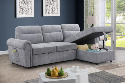 Lilola Home - Hugo 97inW Light Gray Chenille Reversible Sleeper Sectional Sofa Chaise with USB Chargers, Phone/Magazine Pockets - 89112CLG veiw 3
