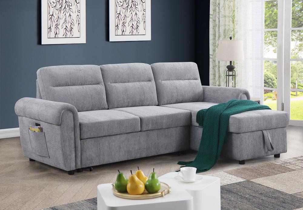 Lilola Home - Hugo 97inW Light Gray Chenille Reversible Sleeper Sectional Sofa Chaise with USB Chargers, Phone/Magazine Pockets - 89112CLG veiw 4