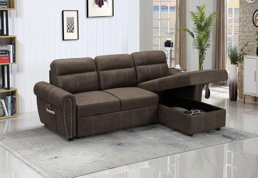 Lilola Home - Hugo Brown Reversible Sleeper Sectional Sofa Chaise with USB Charger - 89112 veiw 2