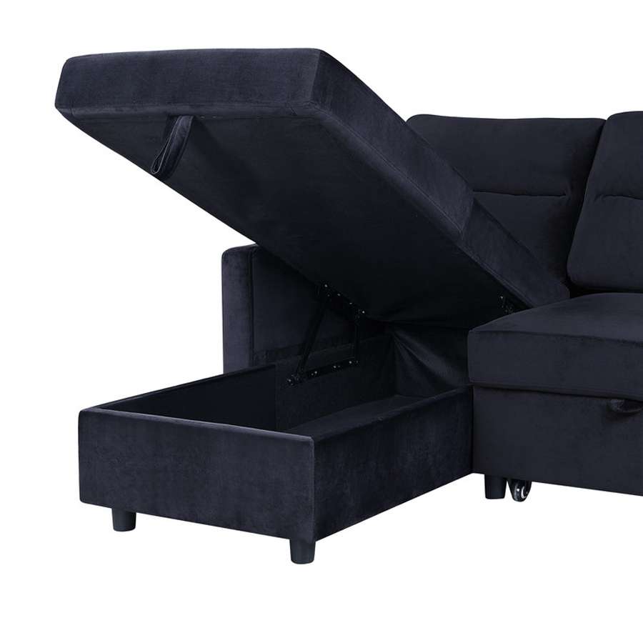 Lilola Home - Ivy Black Velvet Reversible Sleeper Sectional Sofa with Storage Chaise and Side Pocket - 89331 veiw 4
