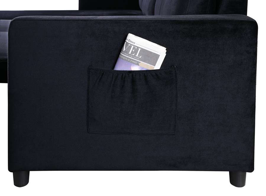 Lilola Home - Ivy Black Velvet Reversible Sleeper Sectional Sofa with Storage Chaise and Side Pocket - 89331 veiw 5