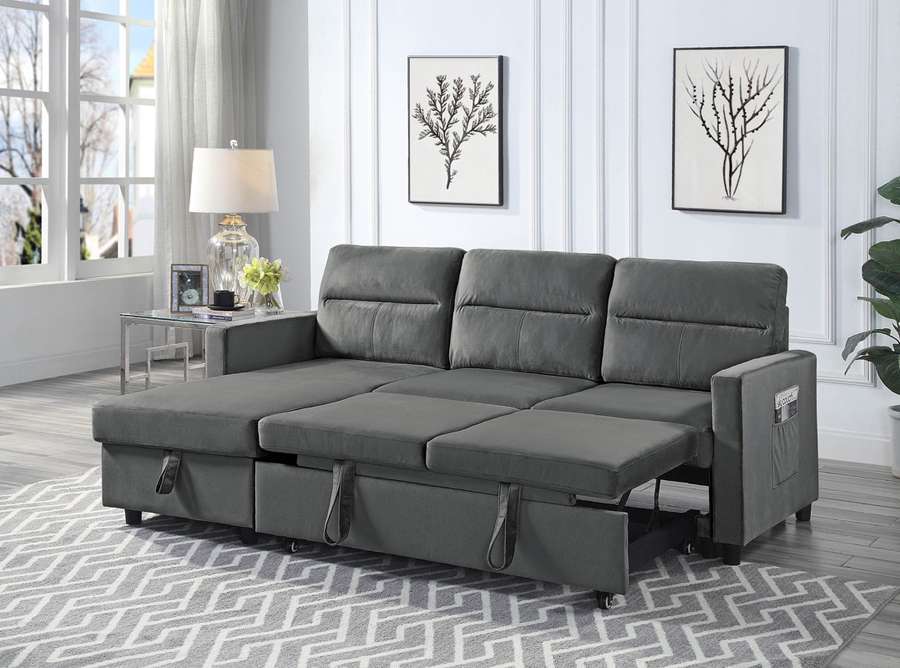 Lilola Home - Ivy Dark Gray Velvet Reversible Sleeper Sectional Sofa with Storage Chaise and Side Pocket - 89331DG veiw 3