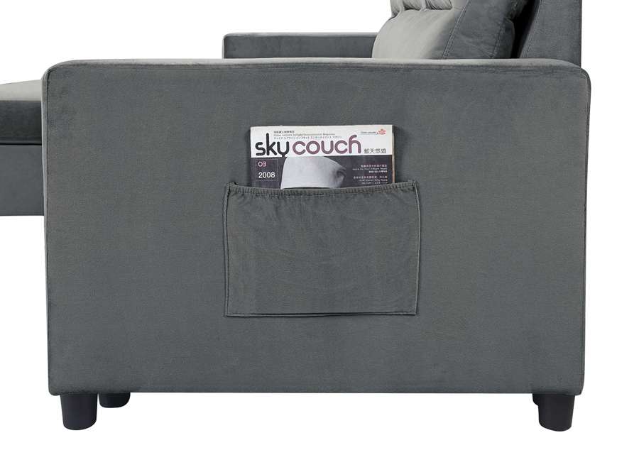 Lilola Home - Ivy Dark Gray Velvet Reversible Sleeper Sectional Sofa with Storage Chaise and Side Pocket - 89331DG veiw 4