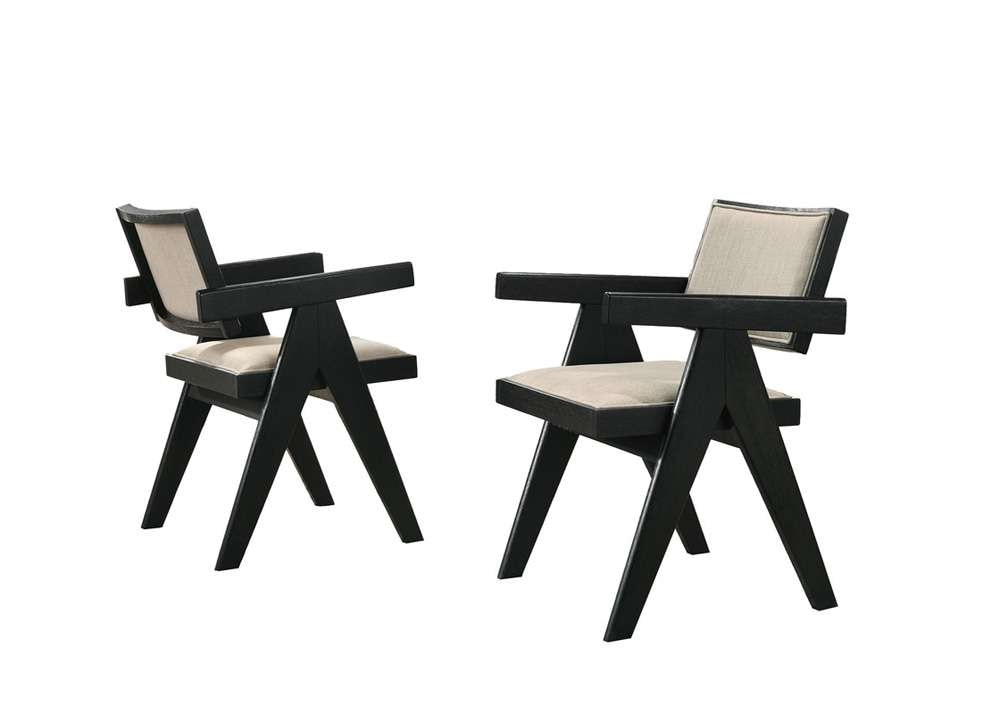 Lilola Home - Jasper 21inW Set of 2 Ebony Black Dining Arm Chairs with Beige Upholstered Seat - 30023-C veiw 1