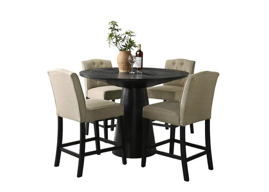Lilola Home - Jasper 5Pc 47in Round Ebony Black Pedestal Counter Height Set with Beige Upholstered Chairs - 30050-1 veiw 1