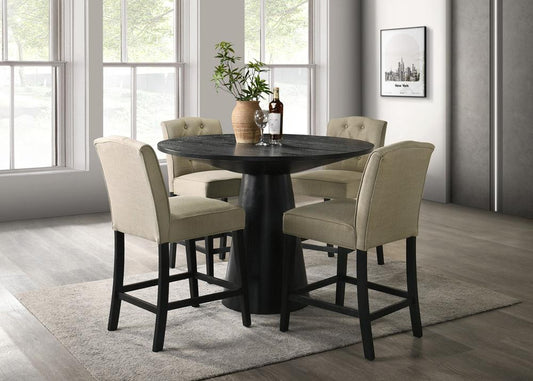 Lilola Home - Jasper 5Pc 47in Round Ebony Black Pedestal Counter Height Set with Beige Upholstered Chairs - 30050-1 veiw 2