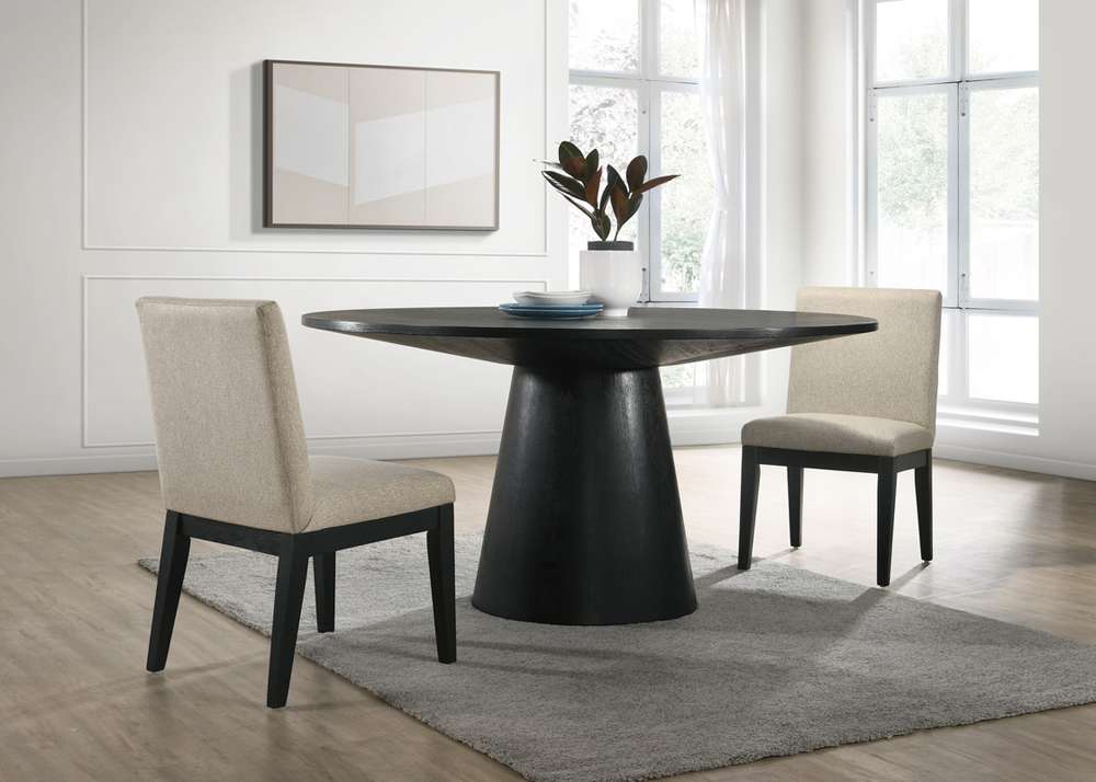 Lilola Home Jasper Ebony Black 3 Piece 59in Wide Contemporary Round Dining Table Set with Beige Fabric Chairs - 30016-2 veiw 1