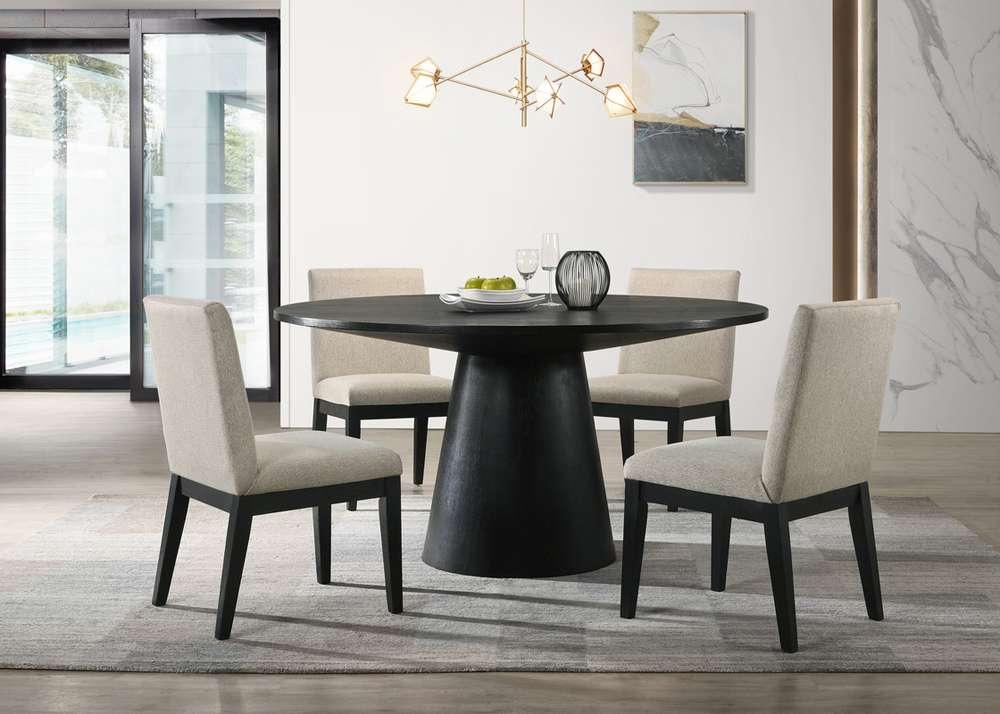 Lilola Home Jasper Ebony Black 5 Piece 59in Wide Contemporary Round Dining Table Set with Beige Fabric Chairs - 30016-1 veiw 1