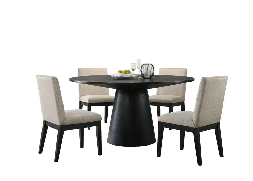 Lilola Home Jasper Ebony Black 5 Piece 59in Wide Contemporary Round Dining Table Set with Beige Fabric Chairs - 30016-1 veiw 2
