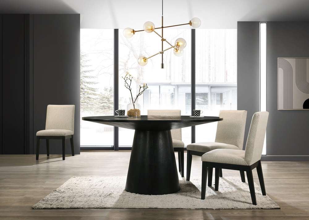 Lilola Home Jasper Ebony Black 5 Piece 59in Wide Contemporary Round Dining Table Set with Beige Fabric Chairs - 30016-1 veiw 3