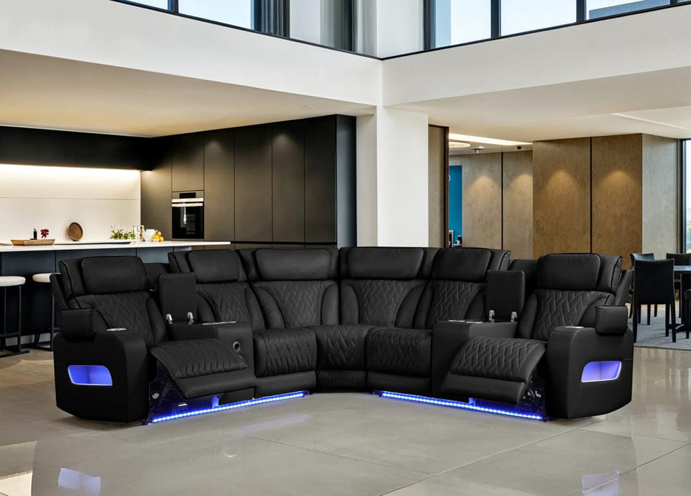 Lilola Home - Jazz 117"W Black Leather Aire Transformer Power Reclining Sectional Sofa with Power Headrest, Bluetooth Speakers, LED Lights, USB & USB-C Ports, Storage & Cupholders - 81642