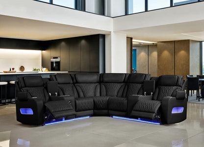 Lilola Home - Jazz 117"W Black Leather Aire Transformer Power Reclining Sectional Sofa with Power Headrest, Bluetooth Speakers, LED Lights, USB & USB-C Ports, Storage & Cupholders - 81642